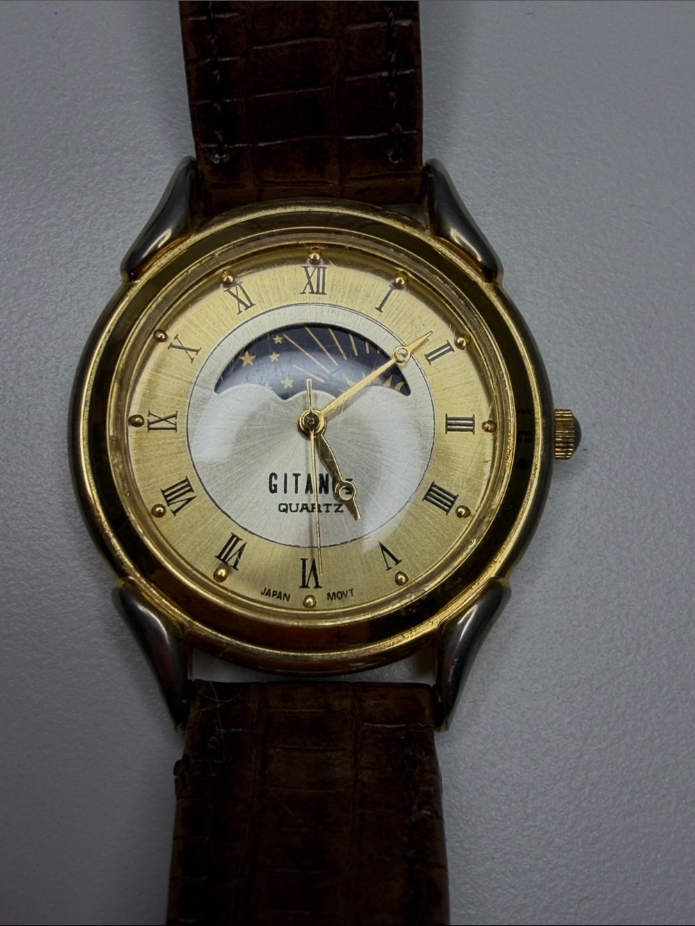 Nice Gitano Moonphase Watch - Excellent 90s Roman Sun Moon Duotone Dial